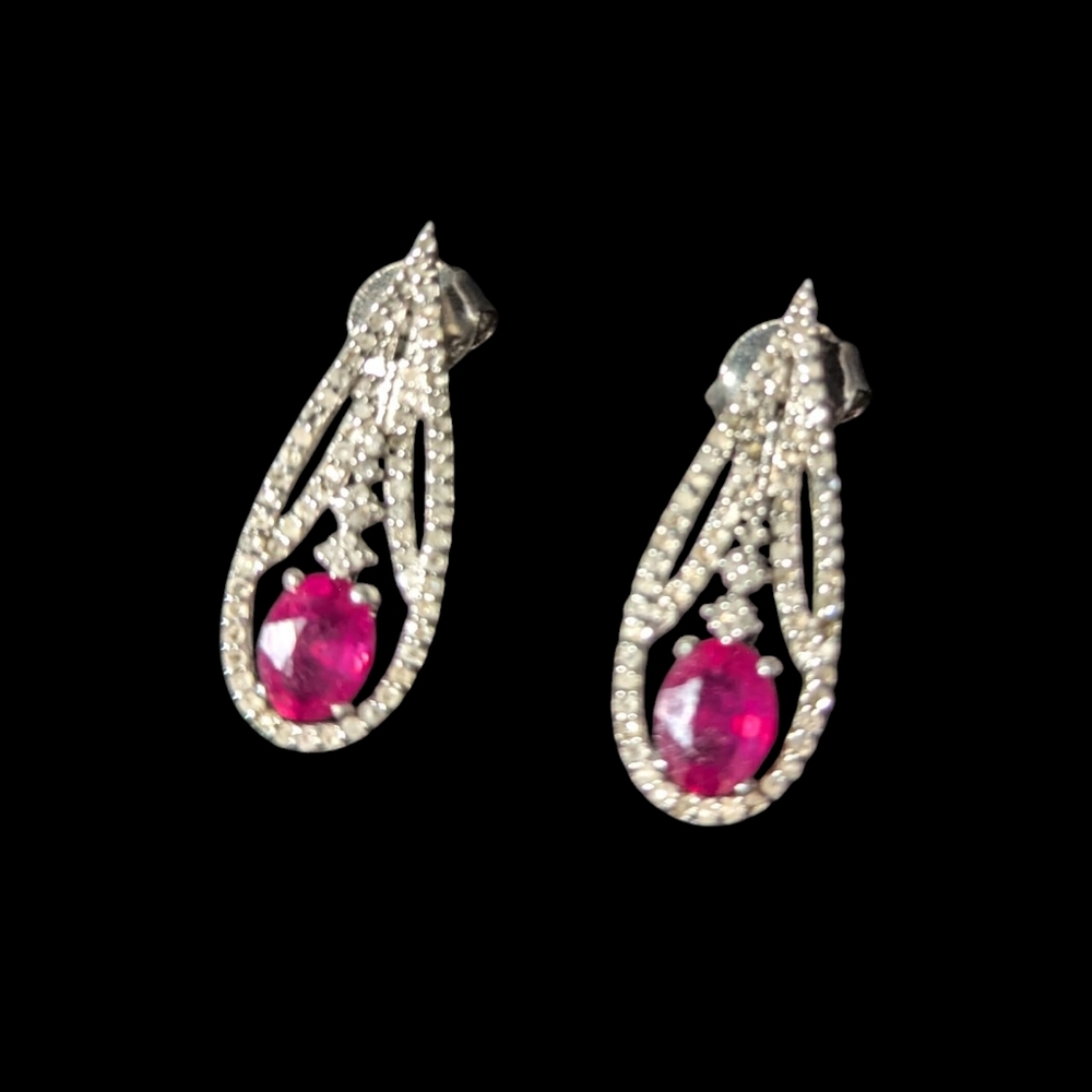 Red Pink Ruby With Diamonds In Silver Earrings